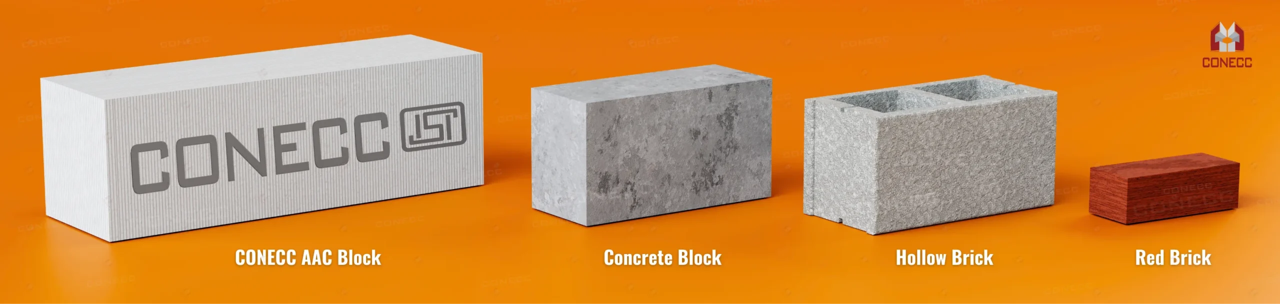 Size Comparison of AAC Blocks vs Concrete Blocks vs Hollow Bricks vs Red Bricks 